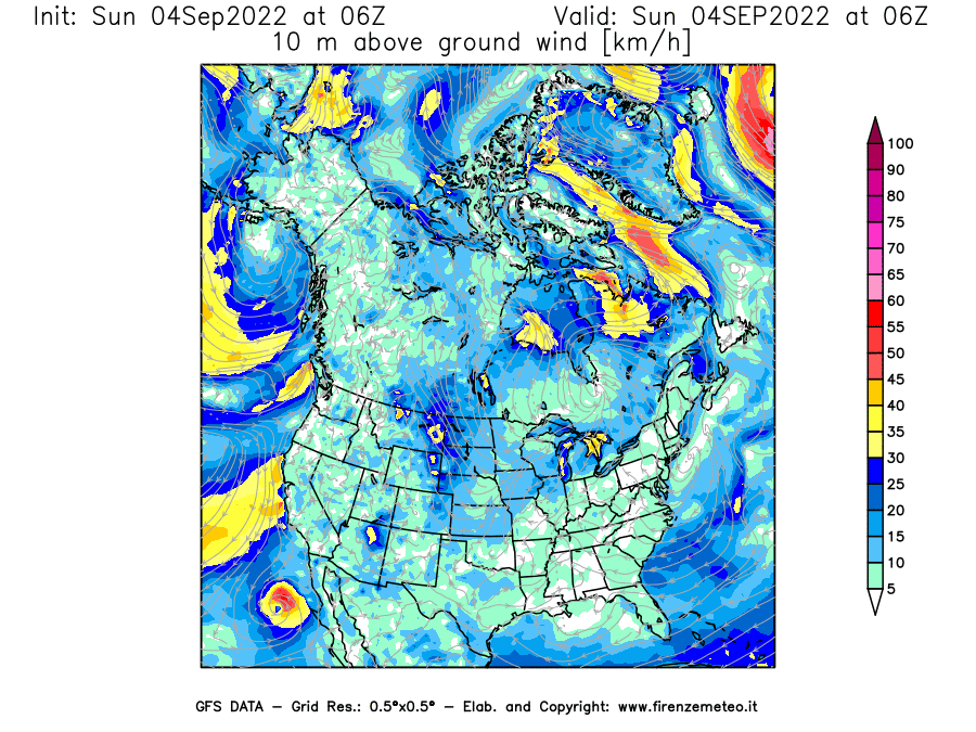 Mappa di analisi GFS - Velocità del vento a 10 metri dal suolo [km/h] in Nord-America
							del 04/09/2022 06 <!--googleoff: index-->UTC<!--googleon: index-->