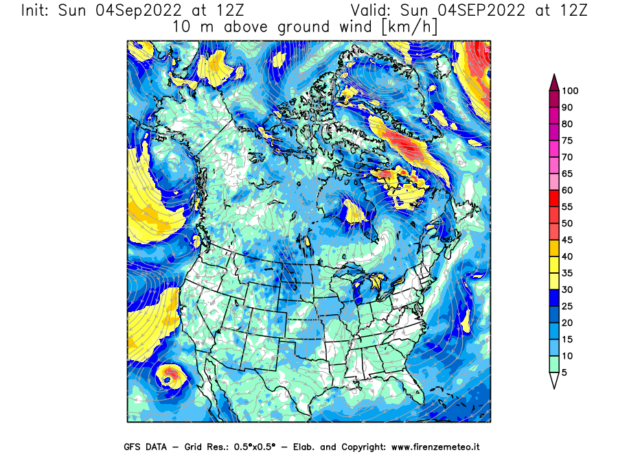 Mappa di analisi GFS - Velocità del vento a 10 metri dal suolo [km/h] in Nord-America
							del 04/09/2022 12 <!--googleoff: index-->UTC<!--googleon: index-->
