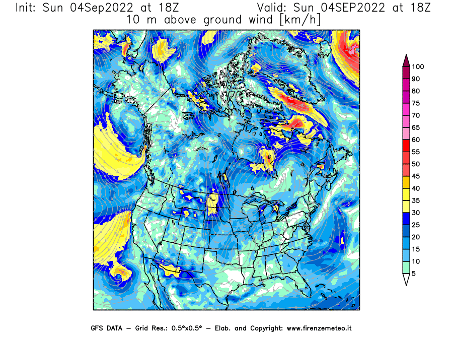 Mappa di analisi GFS - Velocità del vento a 10 metri dal suolo [km/h] in Nord-America
							del 04/09/2022 18 <!--googleoff: index-->UTC<!--googleon: index-->