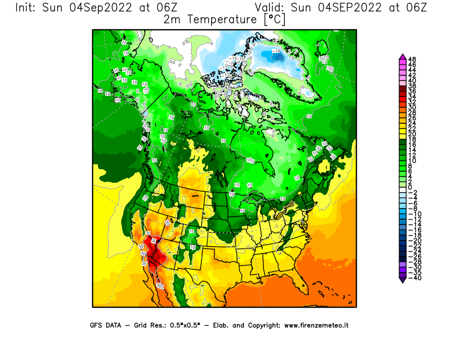 Mappa di analisi GFS - Temperatura a 2 metri dal suolo [°C] in Nord-America
							del 04/09/2022 06 <!--googleoff: index-->UTC<!--googleon: index-->