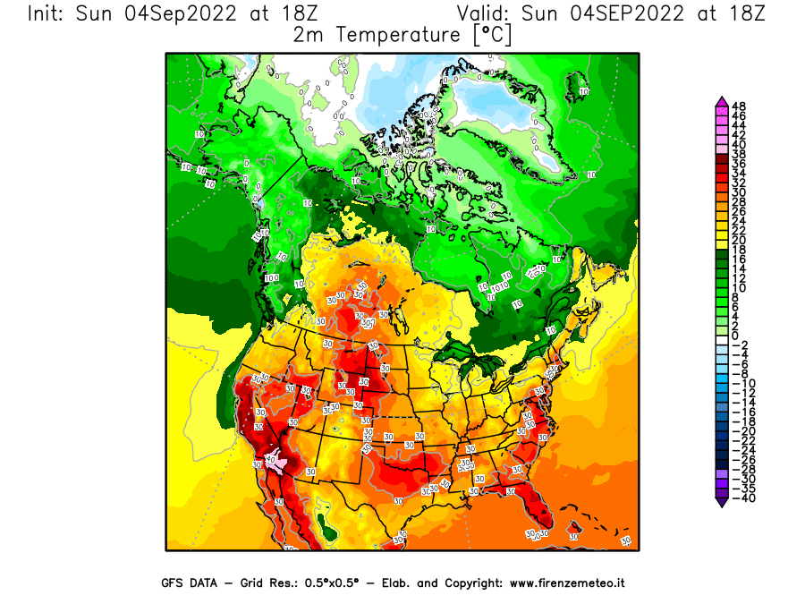 Mappa di analisi GFS - Temperatura a 2 metri dal suolo [°C] in Nord-America
							del 04/09/2022 18 <!--googleoff: index-->UTC<!--googleon: index-->