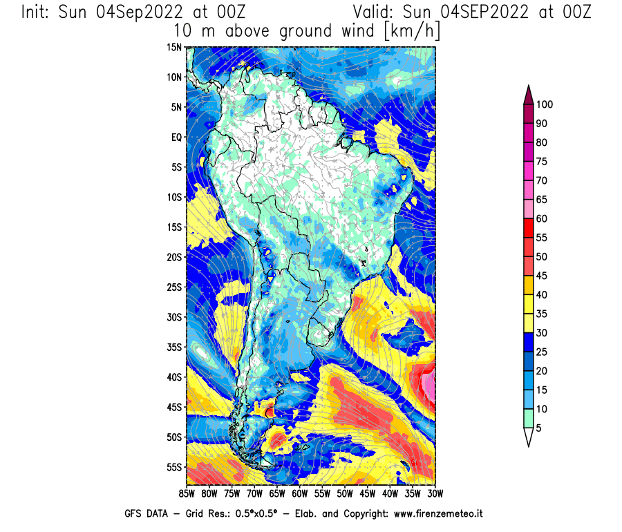 Mappa di analisi GFS - Velocità del vento a 10 metri dal suolo [km/h] in Sud-America
							del 04/09/2022 00 <!--googleoff: index-->UTC<!--googleon: index-->