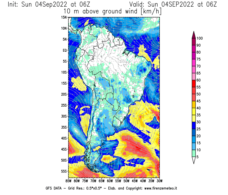 Mappa di analisi GFS - Velocità del vento a 10 metri dal suolo [km/h] in Sud-America
							del 04/09/2022 06 <!--googleoff: index-->UTC<!--googleon: index-->