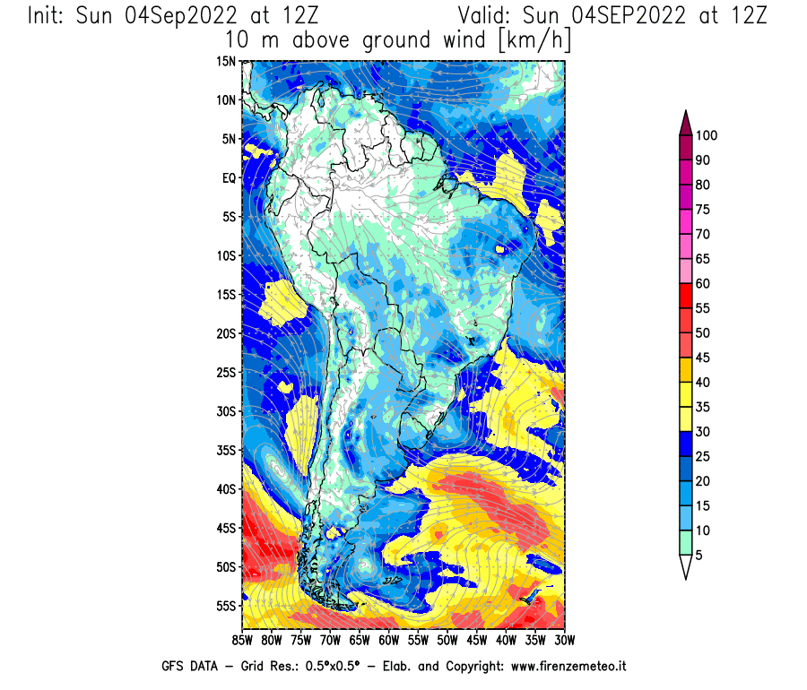 Mappa di analisi GFS - Velocità del vento a 10 metri dal suolo [km/h] in Sud-America
							del 04/09/2022 12 <!--googleoff: index-->UTC<!--googleon: index-->