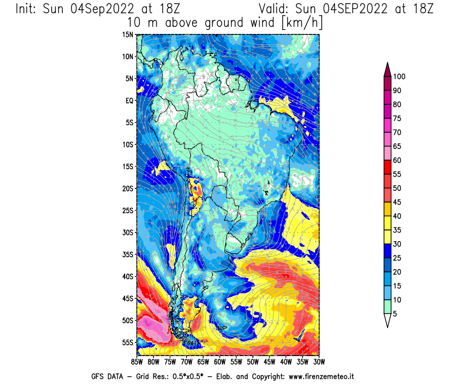 Mappa di analisi GFS - Velocità del vento a 10 metri dal suolo [km/h] in Sud-America
							del 04/09/2022 18 <!--googleoff: index-->UTC<!--googleon: index-->