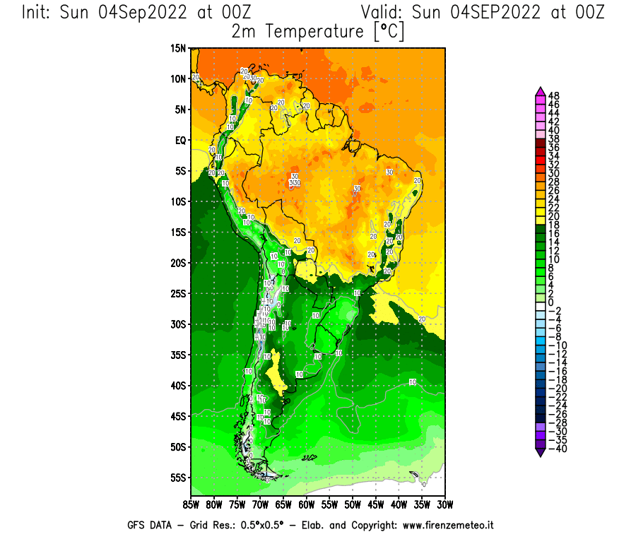 Mappa di analisi GFS - Temperatura a 2 metri dal suolo [°C] in Sud-America
							del 04/09/2022 00 <!--googleoff: index-->UTC<!--googleon: index-->