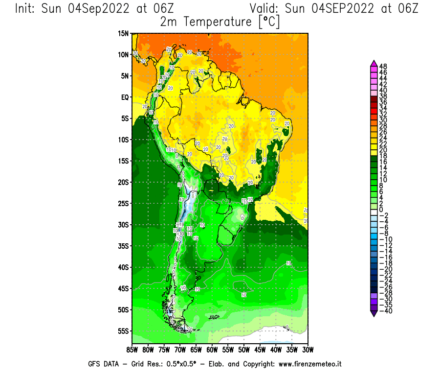 Mappa di analisi GFS - Temperatura a 2 metri dal suolo [°C] in Sud-America
							del 04/09/2022 06 <!--googleoff: index-->UTC<!--googleon: index-->