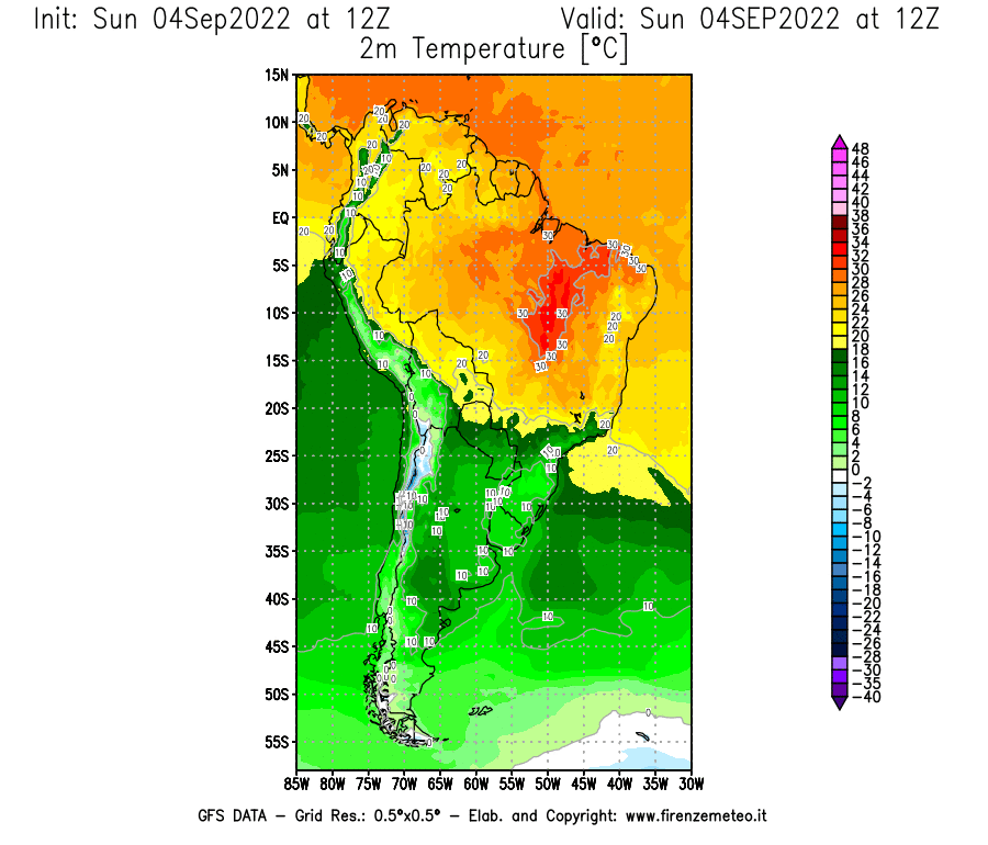 Mappa di analisi GFS - Temperatura a 2 metri dal suolo [°C] in Sud-America
							del 04/09/2022 12 <!--googleoff: index-->UTC<!--googleon: index-->