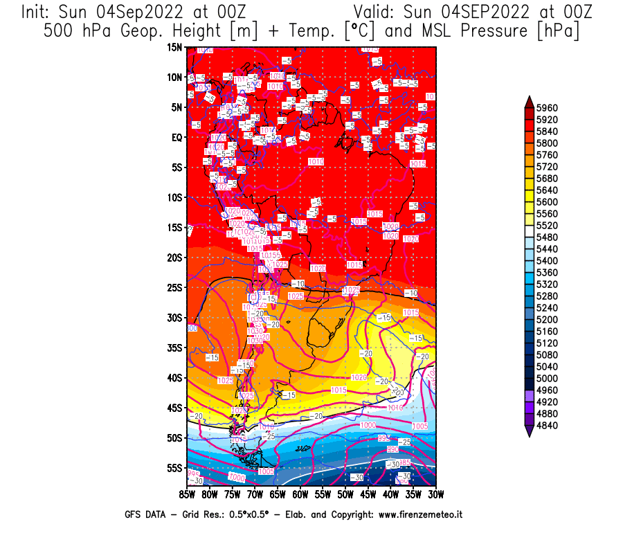 Mappa di analisi GFS - Geopotenziale [m] + Temp. [°C] a 500 hPa + Press. a livello del mare [hPa] in Sud-America
							del 04/09/2022 00 <!--googleoff: index-->UTC<!--googleon: index-->
