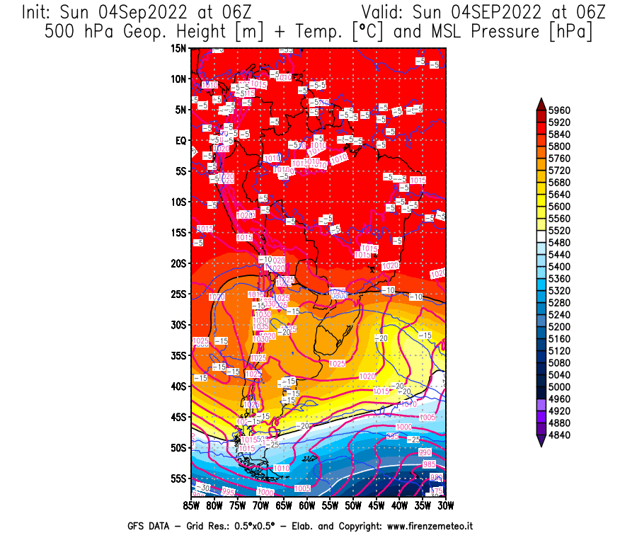 Mappa di analisi GFS - Geopotenziale [m] + Temp. [°C] a 500 hPa + Press. a livello del mare [hPa] in Sud-America
							del 04/09/2022 06 <!--googleoff: index-->UTC<!--googleon: index-->