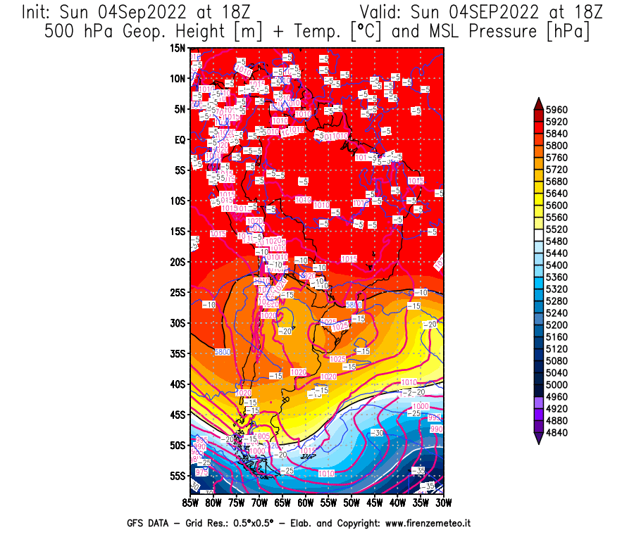 Mappa di analisi GFS - Geopotenziale [m] + Temp. [°C] a 500 hPa + Press. a livello del mare [hPa] in Sud-America
							del 04/09/2022 18 <!--googleoff: index-->UTC<!--googleon: index-->