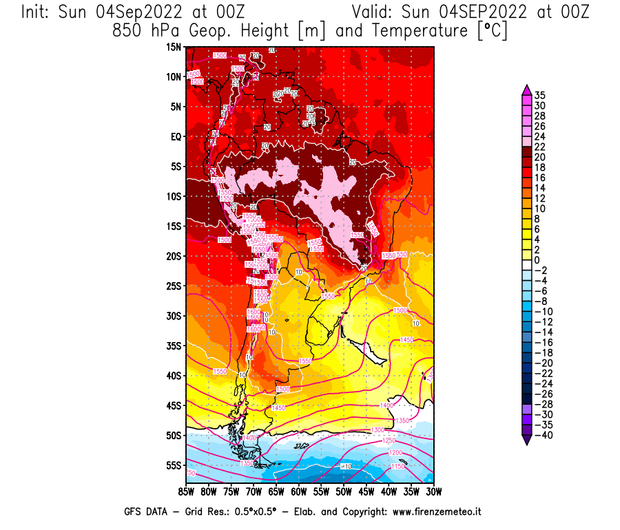 Mappa di analisi GFS - Geopotenziale [m] e Temperatura [°C] a 850 hPa in Sud-America
							del 04/09/2022 00 <!--googleoff: index-->UTC<!--googleon: index-->