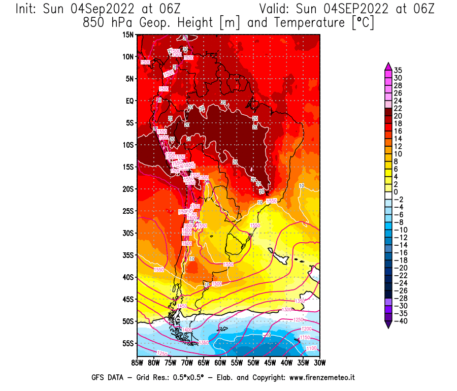 Mappa di analisi GFS - Geopotenziale [m] e Temperatura [°C] a 850 hPa in Sud-America
							del 04/09/2022 06 <!--googleoff: index-->UTC<!--googleon: index-->