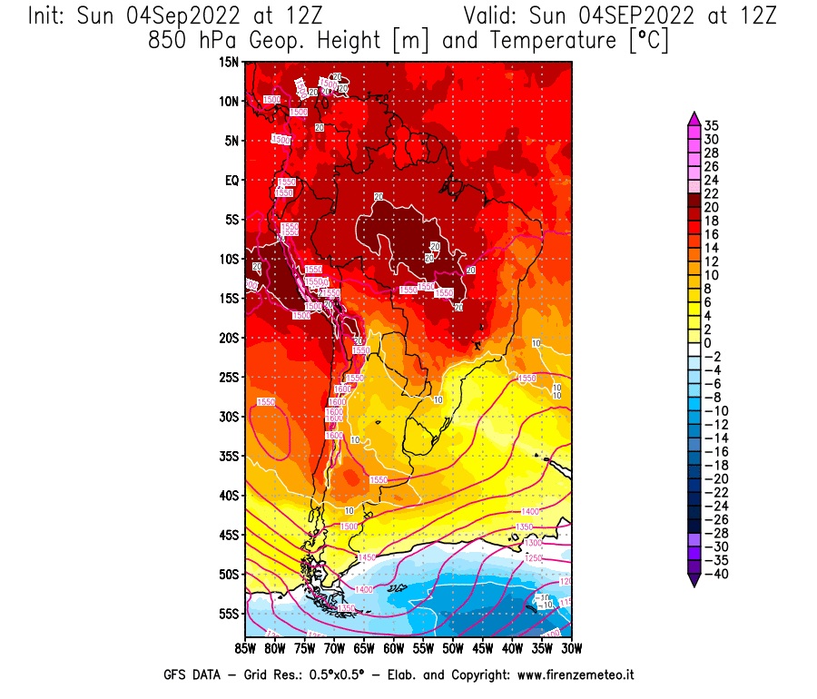 Mappa di analisi GFS - Geopotenziale [m] e Temperatura [°C] a 850 hPa in Sud-America
							del 04/09/2022 12 <!--googleoff: index-->UTC<!--googleon: index-->