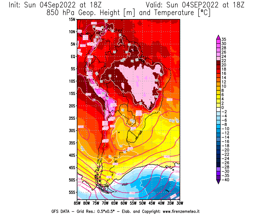 Mappa di analisi GFS - Geopotenziale [m] e Temperatura [°C] a 850 hPa in Sud-America
							del 04/09/2022 18 <!--googleoff: index-->UTC<!--googleon: index-->