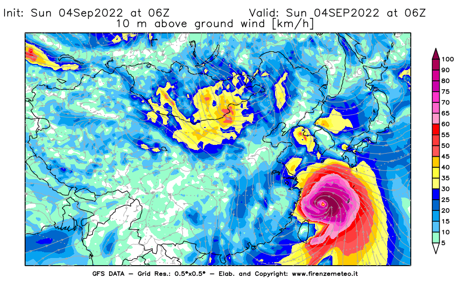 Mappa di analisi GFS - Velocità del vento a 10 metri dal suolo [km/h] in Asia Orientale
							del 04/09/2022 06 <!--googleoff: index-->UTC<!--googleon: index-->