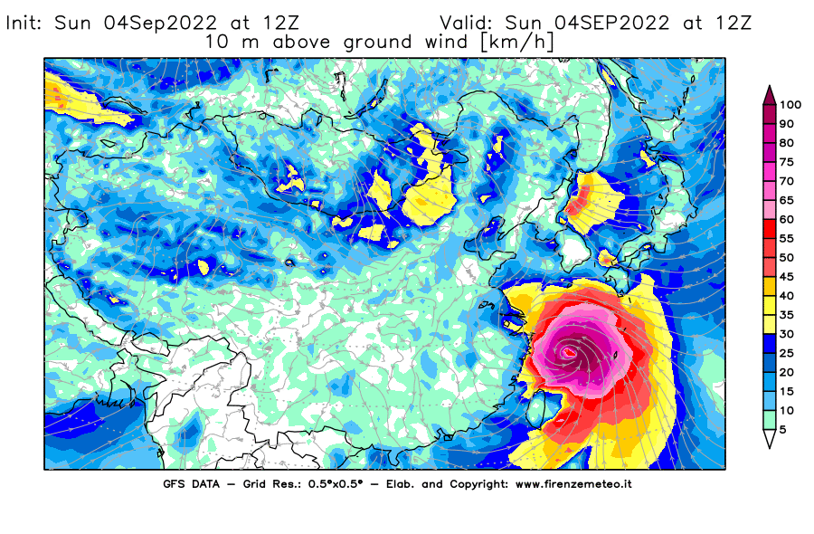 Mappa di analisi GFS - Velocità del vento a 10 metri dal suolo [km/h] in Asia Orientale
							del 04/09/2022 12 <!--googleoff: index-->UTC<!--googleon: index-->