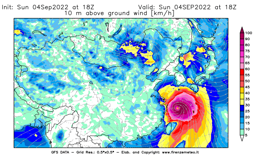 Mappa di analisi GFS - Velocità del vento a 10 metri dal suolo [km/h] in Asia Orientale
							del 04/09/2022 18 <!--googleoff: index-->UTC<!--googleon: index-->