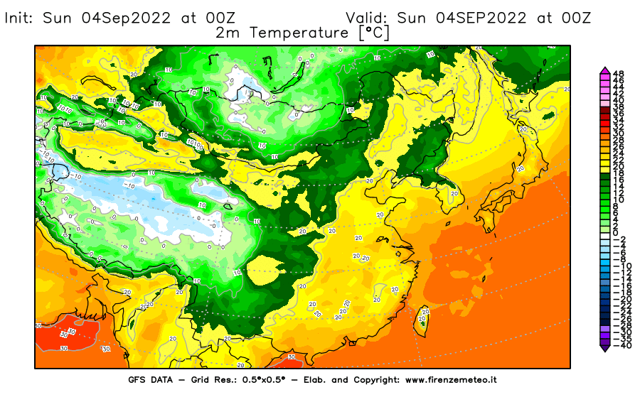 Mappa di analisi GFS - Temperatura a 2 metri dal suolo [°C] in Asia Orientale
							del 04/09/2022 00 <!--googleoff: index-->UTC<!--googleon: index-->
