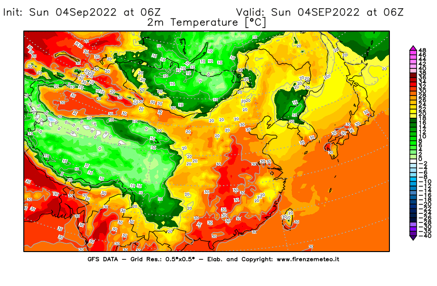 Mappa di analisi GFS - Temperatura a 2 metri dal suolo [°C] in Asia Orientale
							del 04/09/2022 06 <!--googleoff: index-->UTC<!--googleon: index-->
