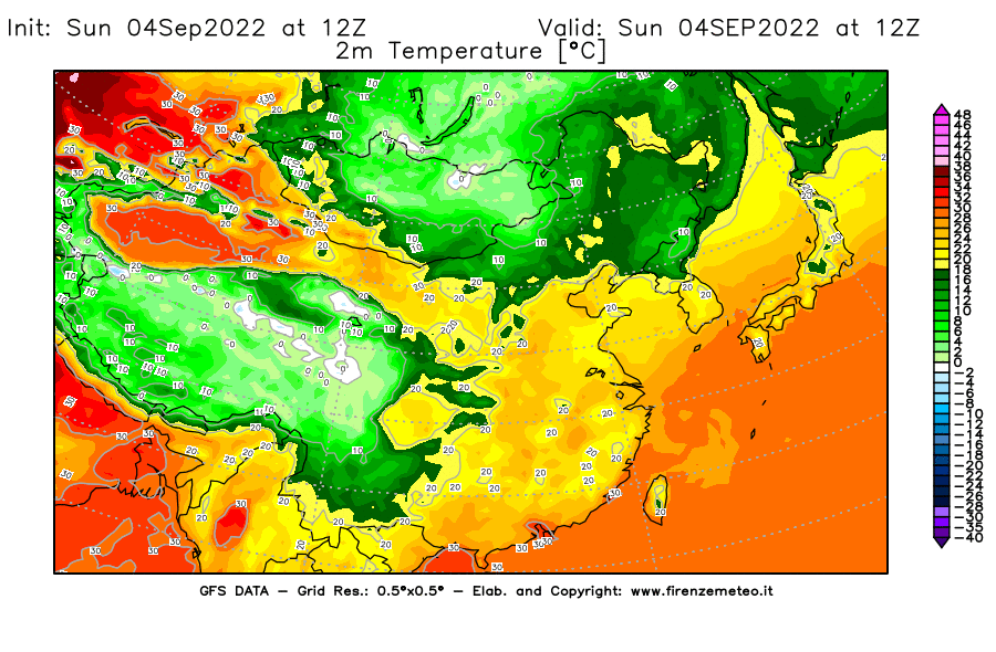 Mappa di analisi GFS - Temperatura a 2 metri dal suolo [°C] in Asia Orientale
							del 04/09/2022 12 <!--googleoff: index-->UTC<!--googleon: index-->