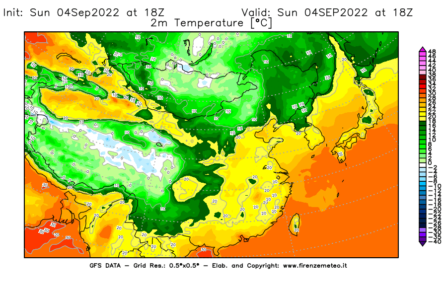 Mappa di analisi GFS - Temperatura a 2 metri dal suolo [°C] in Asia Orientale
							del 04/09/2022 18 <!--googleoff: index-->UTC<!--googleon: index-->