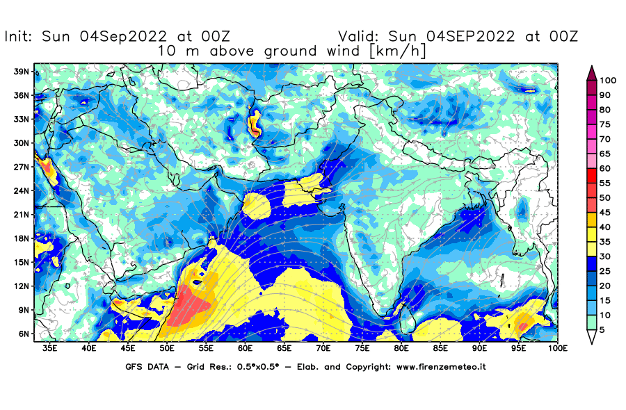 Mappa di analisi GFS - Velocità del vento a 10 metri dal suolo [km/h] in Asia Sud-Occidentale
							del 04/09/2022 00 <!--googleoff: index-->UTC<!--googleon: index-->