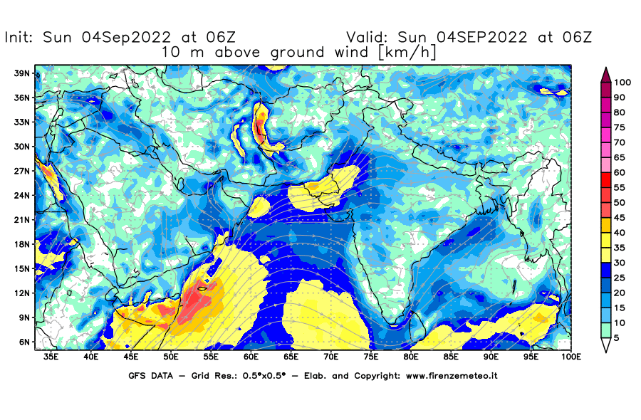 Mappa di analisi GFS - Velocità del vento a 10 metri dal suolo [km/h] in Asia Sud-Occidentale
							del 04/09/2022 06 <!--googleoff: index-->UTC<!--googleon: index-->