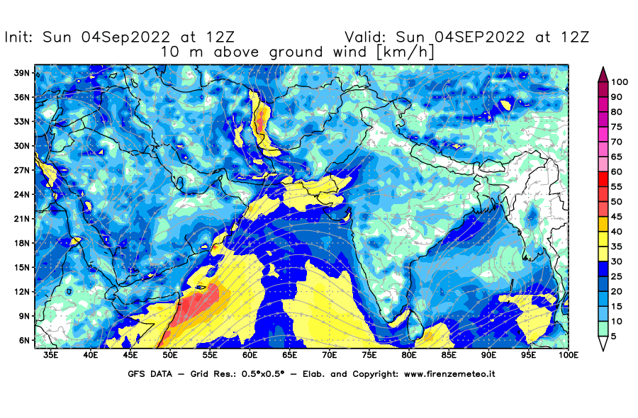 Mappa di analisi GFS - Velocità del vento a 10 metri dal suolo [km/h] in Asia Sud-Occidentale
							del 04/09/2022 12 <!--googleoff: index-->UTC<!--googleon: index-->