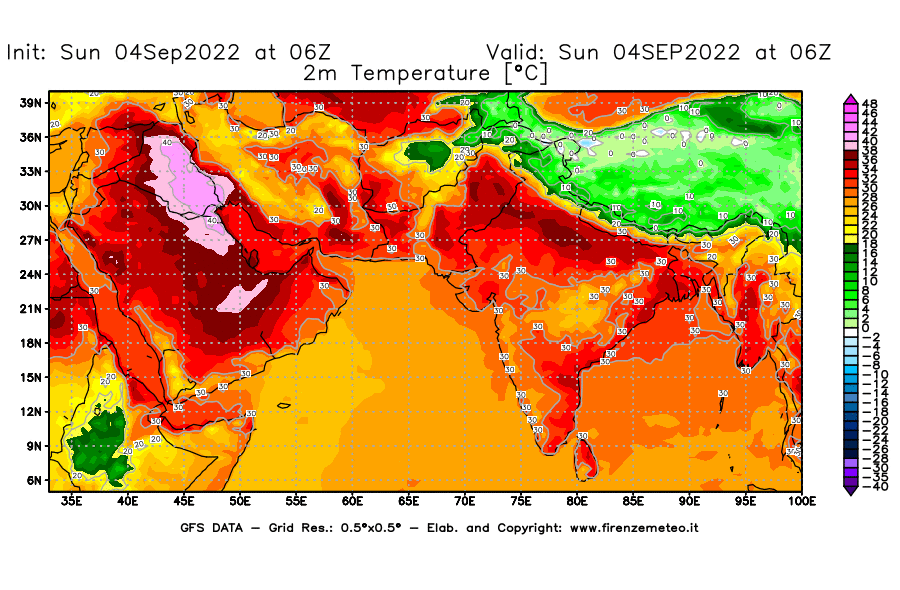 Mappa di analisi GFS - Temperatura a 2 metri dal suolo [°C] in Asia Sud-Occidentale
							del 04/09/2022 06 <!--googleoff: index-->UTC<!--googleon: index-->