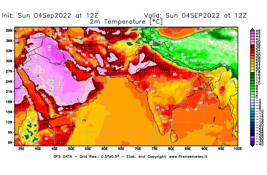 Mappa di analisi GFS - Temperatura a 2 metri dal suolo [°C] in Asia Sud-Occidentale
							del 04/09/2022 12 <!--googleoff: index-->UTC<!--googleon: index-->