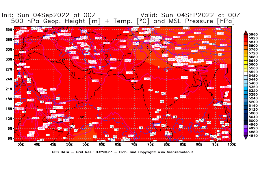 Mappa di analisi GFS - Geopotenziale [m] + Temp. [°C] a 500 hPa + Press. a livello del mare [hPa] in Asia Sud-Occidentale
							del 04/09/2022 00 <!--googleoff: index-->UTC<!--googleon: index-->