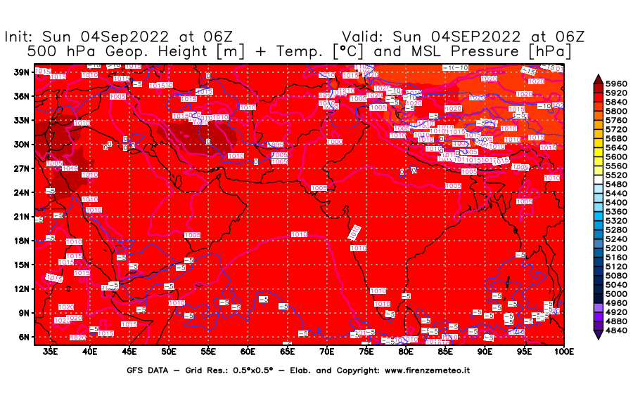 Mappa di analisi GFS - Geopotenziale [m] + Temp. [°C] a 500 hPa + Press. a livello del mare [hPa] in Asia Sud-Occidentale
							del 04/09/2022 06 <!--googleoff: index-->UTC<!--googleon: index-->