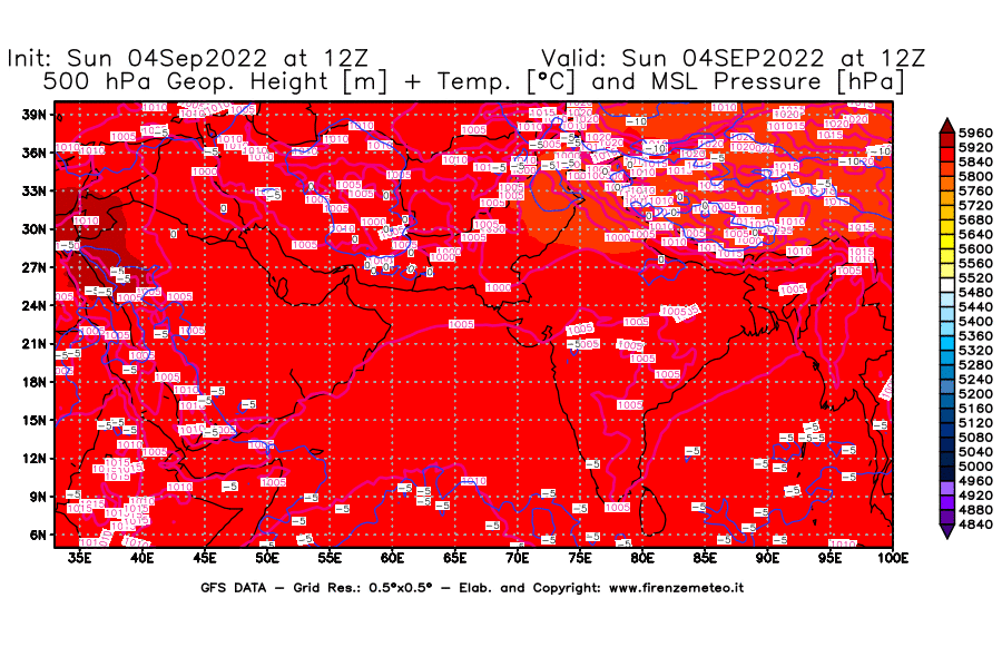 Mappa di analisi GFS - Geopotenziale [m] + Temp. [°C] a 500 hPa + Press. a livello del mare [hPa] in Asia Sud-Occidentale
							del 04/09/2022 12 <!--googleoff: index-->UTC<!--googleon: index-->