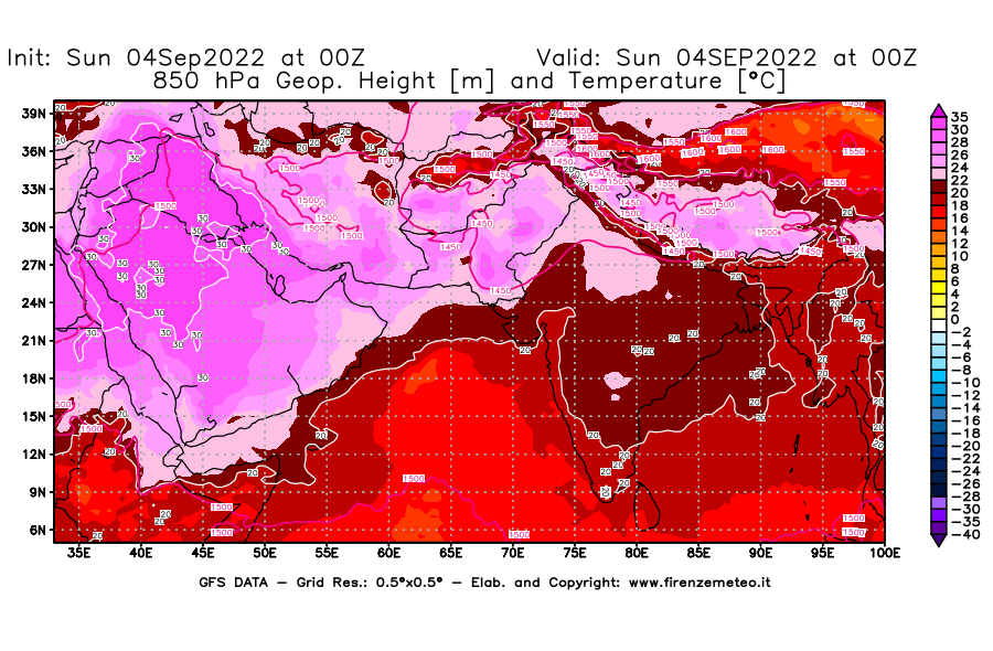 Mappa di analisi GFS - Geopotenziale [m] e Temperatura [°C] a 850 hPa in Asia Sud-Occidentale
							del 04/09/2022 00 <!--googleoff: index-->UTC<!--googleon: index-->