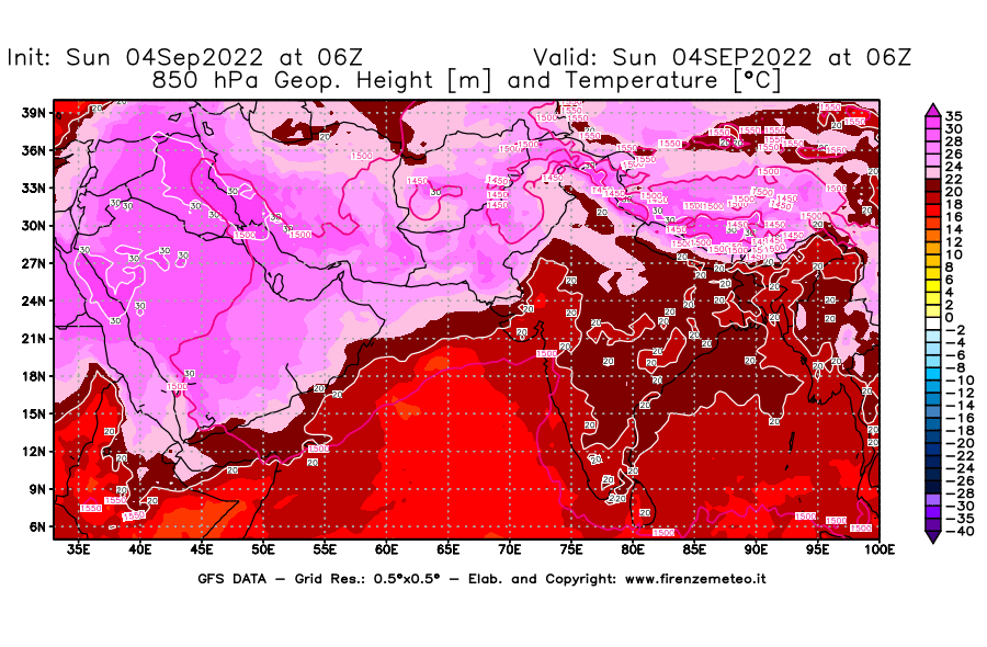 Mappa di analisi GFS - Geopotenziale [m] e Temperatura [°C] a 850 hPa in Asia Sud-Occidentale
							del 04/09/2022 06 <!--googleoff: index-->UTC<!--googleon: index-->