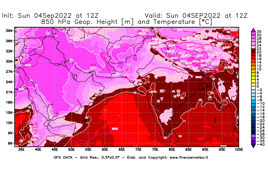 Mappa di analisi GFS - Geopotenziale [m] e Temperatura [°C] a 850 hPa in Asia Sud-Occidentale
							del 04/09/2022 12 <!--googleoff: index-->UTC<!--googleon: index-->