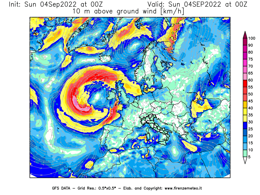 Mappa di analisi GFS - Velocità del vento a 10 metri dal suolo [km/h] in Europa
							del 04/09/2022 00 <!--googleoff: index-->UTC<!--googleon: index-->