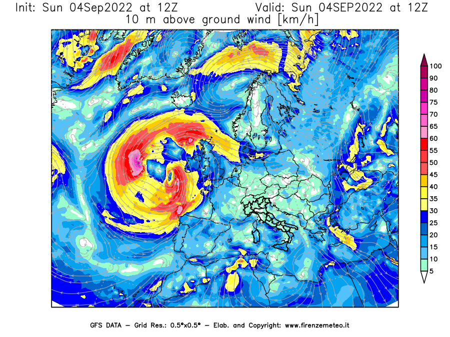 Mappa di analisi GFS - Velocità del vento a 10 metri dal suolo [km/h] in Europa
							del 04/09/2022 12 <!--googleoff: index-->UTC<!--googleon: index-->
