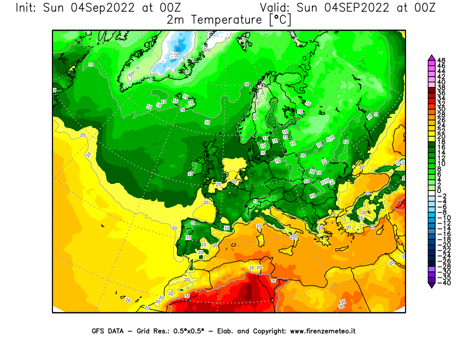 Mappa di analisi GFS - Temperatura a 2 metri dal suolo [°C] in Europa
							del 04/09/2022 00 <!--googleoff: index-->UTC<!--googleon: index-->