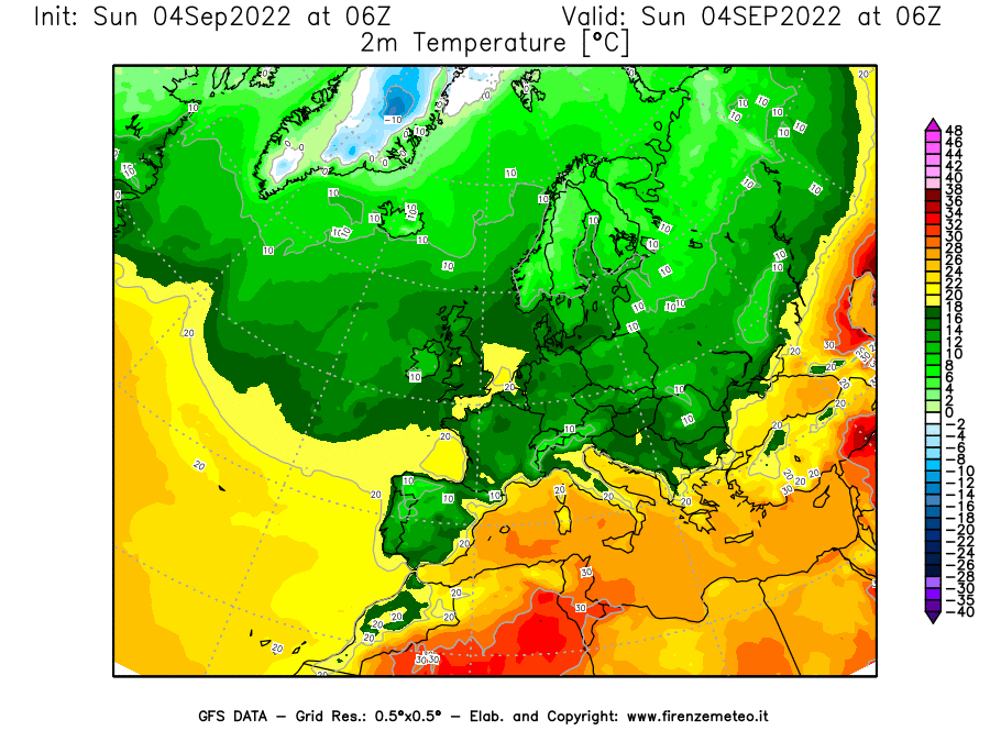 Mappa di analisi GFS - Temperatura a 2 metri dal suolo [°C] in Europa
							del 04/09/2022 06 <!--googleoff: index-->UTC<!--googleon: index-->
