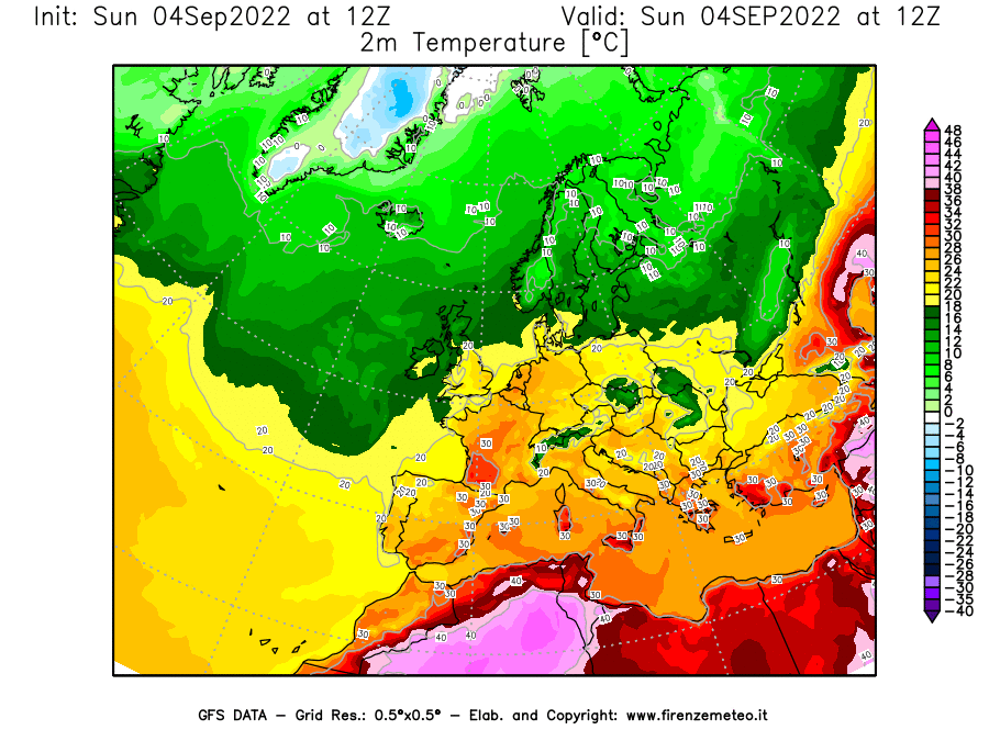 Mappa di analisi GFS - Temperatura a 2 metri dal suolo [°C] in Europa
							del 04/09/2022 12 <!--googleoff: index-->UTC<!--googleon: index-->