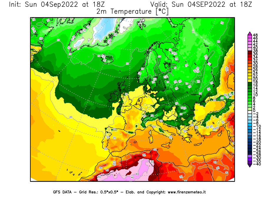 Mappa di analisi GFS - Temperatura a 2 metri dal suolo [°C] in Europa
							del 04/09/2022 18 <!--googleoff: index-->UTC<!--googleon: index-->