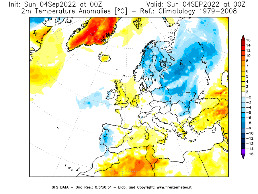 Mappa di analisi GFS - Anomalia Temperatura [°C] a 2 m in Europa
							del 04/09/2022 00 <!--googleoff: index-->UTC<!--googleon: index-->