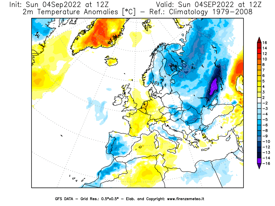 Mappa di analisi GFS - Anomalia Temperatura [°C] a 2 m in Europa
							del 04/09/2022 12 <!--googleoff: index-->UTC<!--googleon: index-->