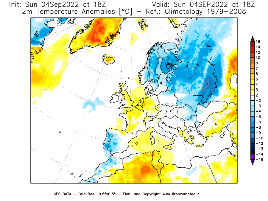 Mappa di analisi GFS - Anomalia Temperatura [°C] a 2 m in Europa
							del 04/09/2022 18 <!--googleoff: index-->UTC<!--googleon: index-->