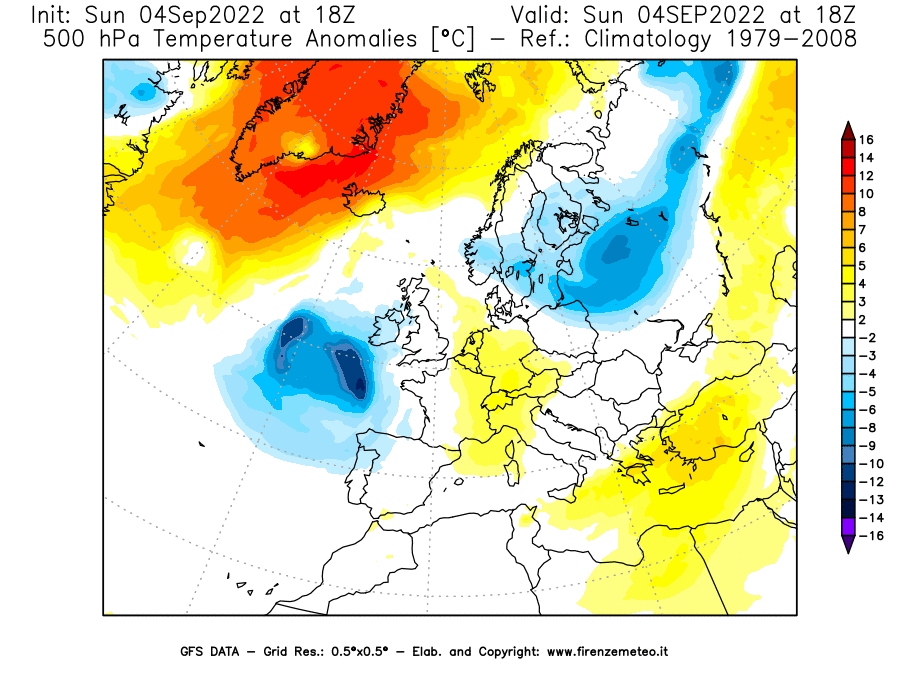 Mappa di analisi GFS - Anomalia Temperatura [°C] a 500 hPa in Europa
							del 04/09/2022 18 <!--googleoff: index-->UTC<!--googleon: index-->