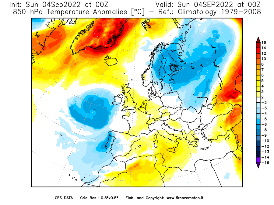 Mappa di analisi GFS - Anomalia Temperatura [°C] a 850 hPa in Europa
							del 04/09/2022 00 <!--googleoff: index-->UTC<!--googleon: index-->