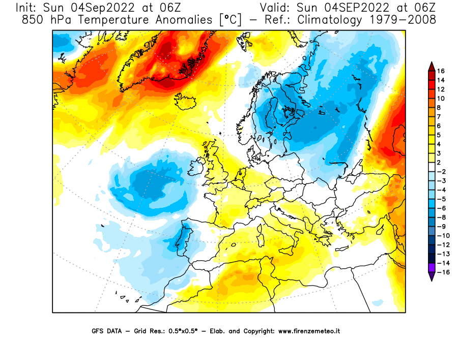 Mappa di analisi GFS - Anomalia Temperatura [°C] a 850 hPa in Europa
							del 04/09/2022 06 <!--googleoff: index-->UTC<!--googleon: index-->