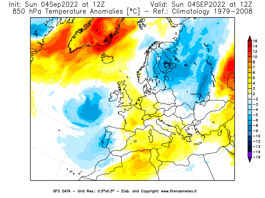 Mappa di analisi GFS - Anomalia Temperatura [°C] a 850 hPa in Europa
							del 04/09/2022 12 <!--googleoff: index-->UTC<!--googleon: index-->